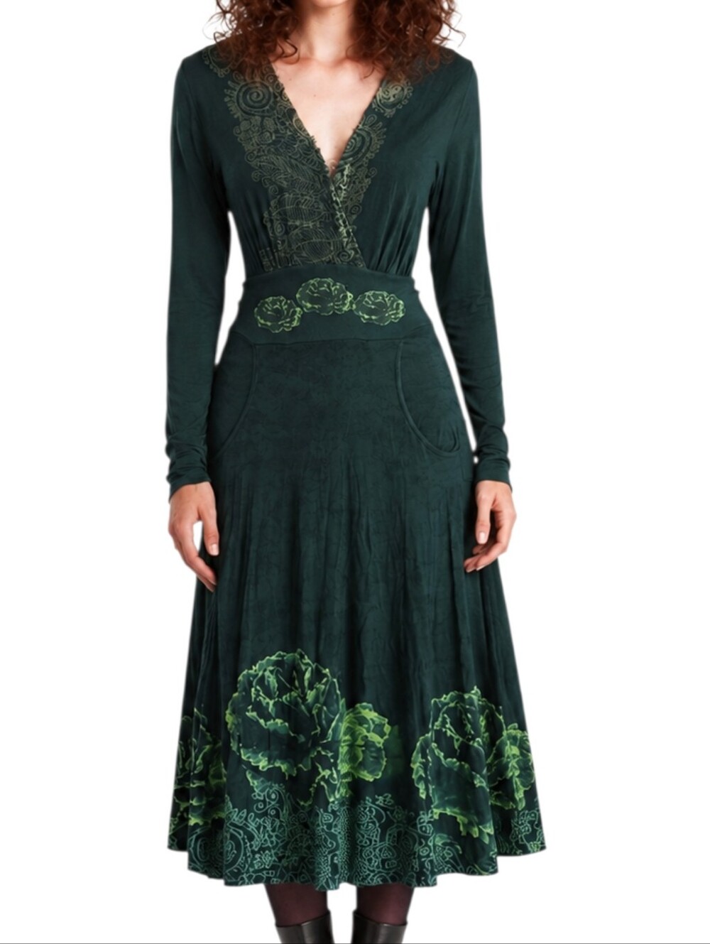 Desigual Floral Dress Women Large Whimsigoth Boho Pockets V Neck Forest Green